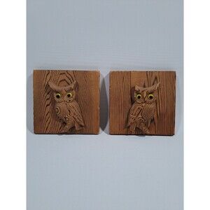 Owl Bookends Carved Cryptomeria Wood Glass Eyes 5”x5” 1960s Otagiri READ